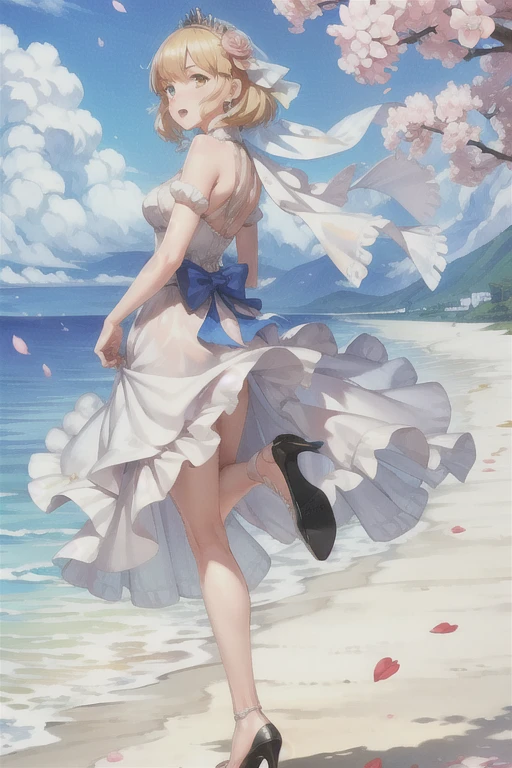 lexington \(warship girls r\),((masterpiece)),(((best quality))),((ultra-detailed)),((illustration)),((disheveled hair)),((frills)),(1 girl),(solo),1girl,bangs,blue sky,blush,bridal veil,cherry blossoms,cloud,cloudy sky,confetti,day,dress,earrings,eyebrows visible through hair,falling petals,flower,hair between eyes,hair ornament,high heels,jewelry,leaves in wind,long hair,looking at viewer,looking back,ocean,open mouth,outdoors,petals,petals on liquid,ponytail,rose petals,shoes removed,sidelocks,single shoe,sky,soles,solo,splashing,tiara,tree,underwear,veil,water,wedding dress,white dress,Rating:safe,foreshortening,
Flaxen long hair(delicate eyes),(blue eyes),(MediumBlue dress:1.2),