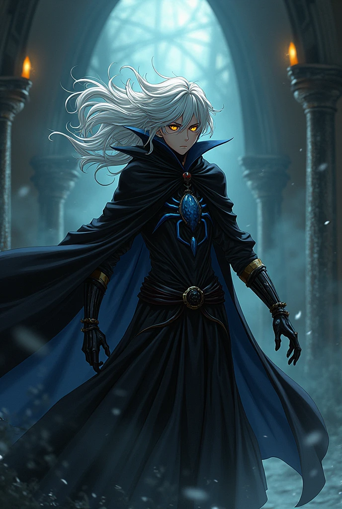 I want you to create a character that has gravity abilities and is a necromancer and has yellow eyes and white hair and a half draconic arm and has a spider cloak, the cloak is black, and I want you to make it a male anime version