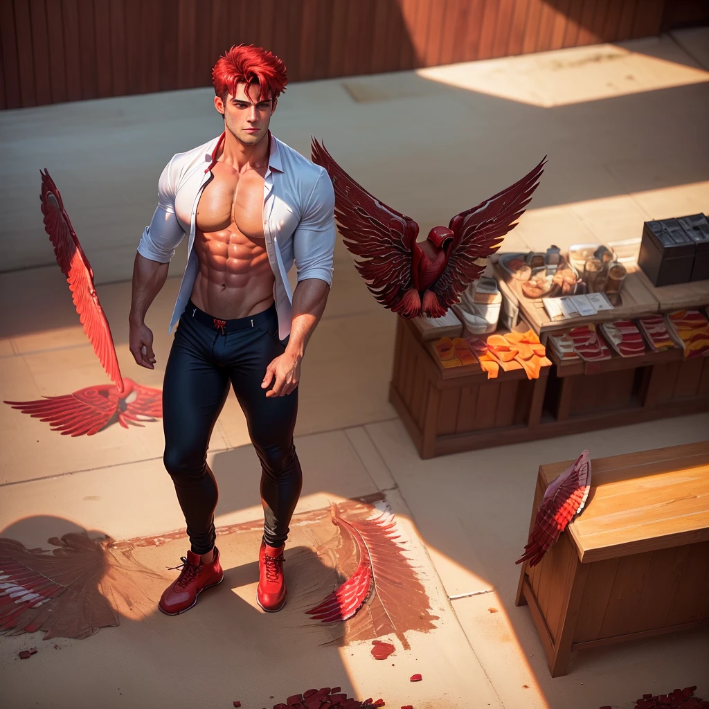 a strikingly muscular handsome young man, solo, extremely detailed facial features, (face: Matthew Daddario), (large blood red wings: 1.5), (spreading his wings: 1.5), (white shirt and black brief, bulge: 1.2), (open shirt showcasing chest and abs: 1.5), gorgeous, beautiful, wet, perfect eyes, sexy gaze, looking at the viewers romantically, perfect bare body, smooth skin, wide chest, largest breast, extremely large pectorals, big nipples, breathtaking grandeur, very bright colors, (toned physique: 1.5), (subtle hot gleam: 1.5) in his skin, in a blood field, levitating in the air above blood, (full body view: 2)