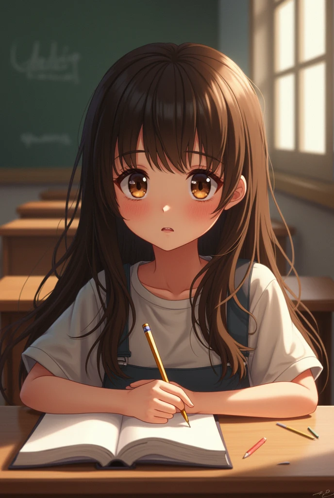 A girl with long brown hair and brown eyes and freckles with a lot of determination in school and paying attention without caring about anyone who looks a little more realistic, not so much.