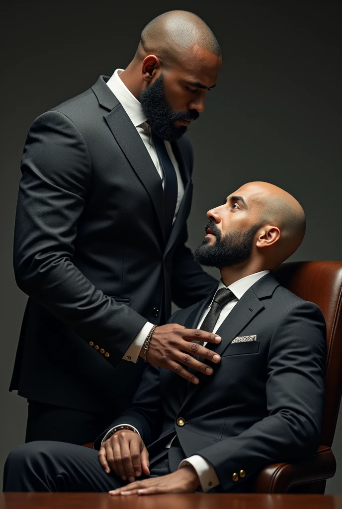 Create an image of a lawyer massaging a businessman's ego. The lawyer is dark-skinned, wearing a suit, shaved head and medium well-groomed beard. The businessman is bald and has a very short beard..