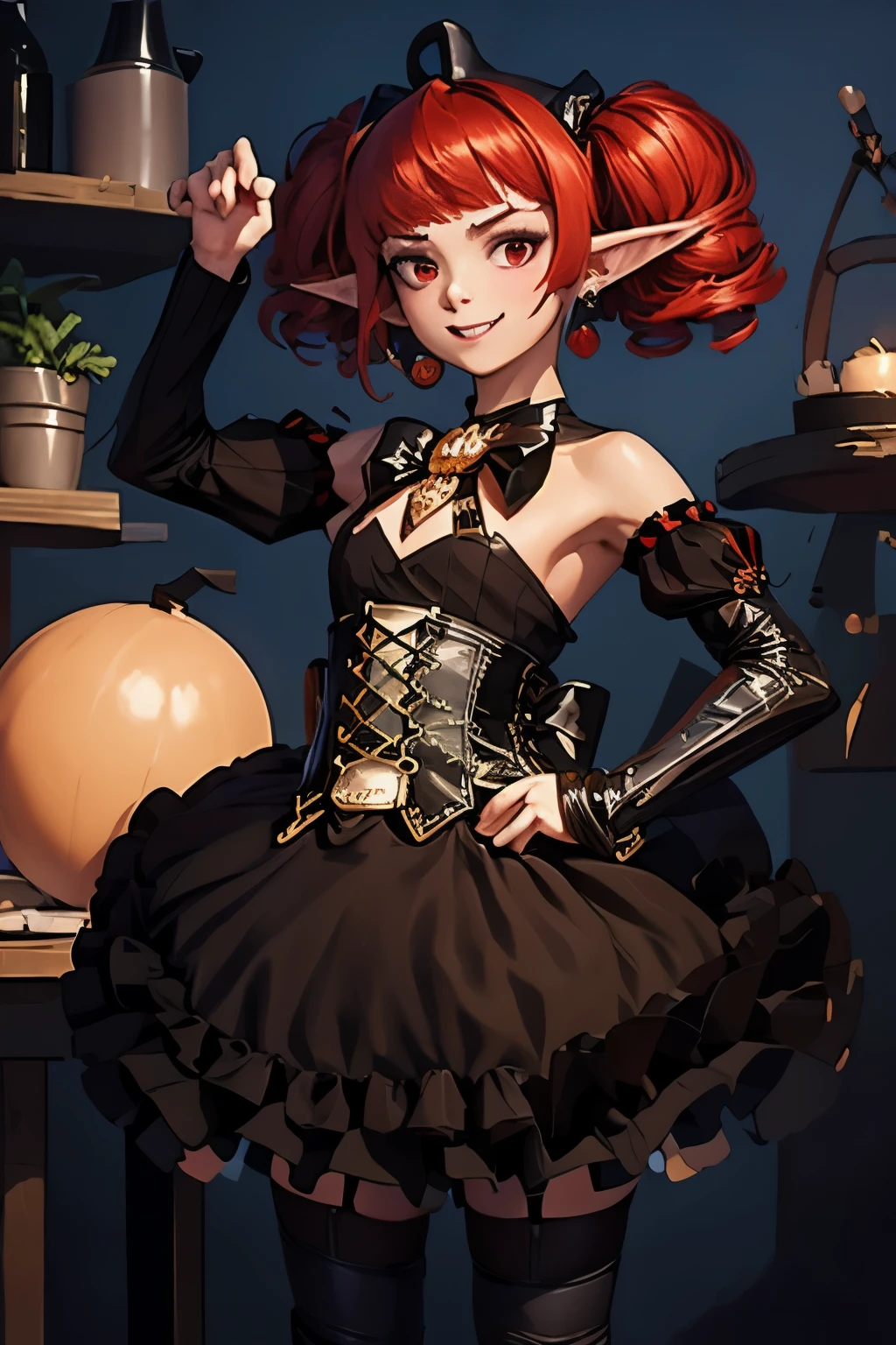 masterpiece, best quality,  dnfenchantress, twintails, hair bow, earrings, bare shoulders, black dress, corset, detached sleeves, black pantyhose, mary janes, standing, hands to hips, smile, furrowed brow, from above, night, village