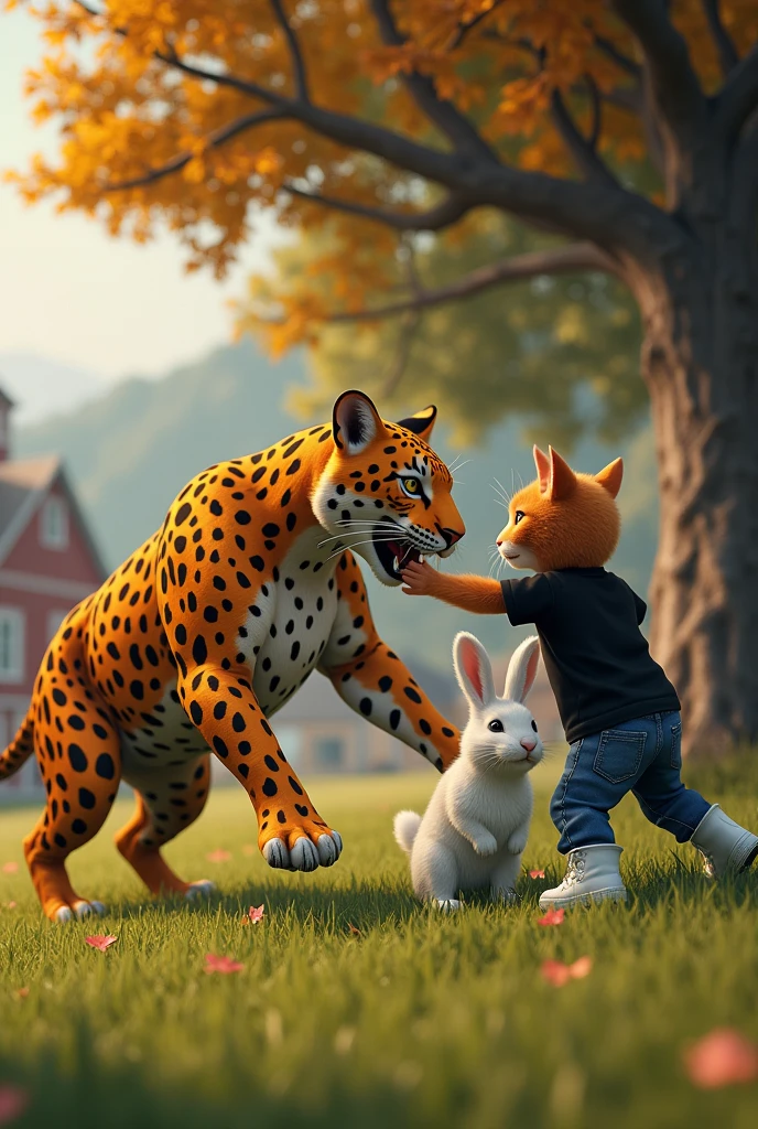 A 3D render a orange leopard attack on white rabit in the farm, has grass, trees, and a building in the background of farm. The leopard is on a grassy field, near a tree, and a building In the background,
a cat kitten with a black t-shirt and jeans white shoes, with human-like arms and legs, is helping the rabbit and fight with the leopard. The overall image has an illustration auttrophy  style.