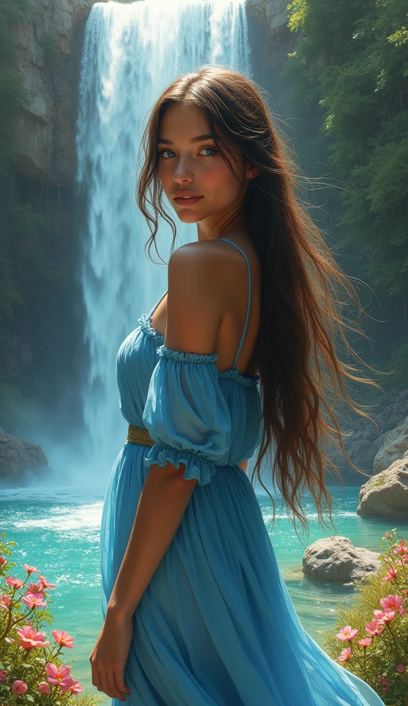 (gorgeous:1.1) (ultra-hot:1.1) american indian woman, age 14, under a waterfall, (long flowing hair:1.1), (intense blue eyes), (perfect skin:1.1), (slender figure:1.1), (dressed in a blue flowing dress), (magnificent location:1.2) with lush greenery and vibrant flowers, (crystal clear water:1.1) cascading down from a rocky cliff, (sunlight illuminating the scene:1.1), creating a (dreamlike atmosphere:1.1), (refreshing breeze:1.1), (incredible sensation:1.2) of the cool mist from the waterfall on her skin. (best quality, highres:1.2), (ultra-detailed), (realistic:1.37) painting of an (exquisite masterpiece:1.2) capturing the (beauty and grace) of the woman as she (stands under the waterfall, (feeling the power:1.1) of nature), her (features delicately portrayed), and her (expression radiates tranquility) and (pure joy:1.1). The (artistic style:1.1) of the painting is (realism:1.1), showcasing the (subtle play of light and shadow:1.1) on the woman's face, (emphasizing the natural beauty:1.1) of her surroundings, and (highlighting the vibrant colors:1.1) of the flowers and the waterfall. The (soft, pastel color palette:1.1) (enhances the ethereal ambiance:1.1), adding a (subtle touch of romance:1.1) to the scene. (Warm golden sunlight:1.1) bathes the entire painting, (creating a sense of warmth:1.1) and (serenity:1.1). The (contrast between light and dark:1.1) adds depth and (dimension to the artwork:1.1), (bringing it to life). The (impeccable attention to detail:1.1) in the painting (captures every strand of hair:1.1), the (individual droplets of water:1.1) falling from the waterfall, and the (delicate texture of the petals:1.1) on the flowers, (showcasing the artist's mastery of their craft). By gazing at this (masterpiece:1.1), one can't help but feel (tranquility) and (awe:1.1) at the (beauty of nature:1.1) and the (expressive power:1.1) of art.