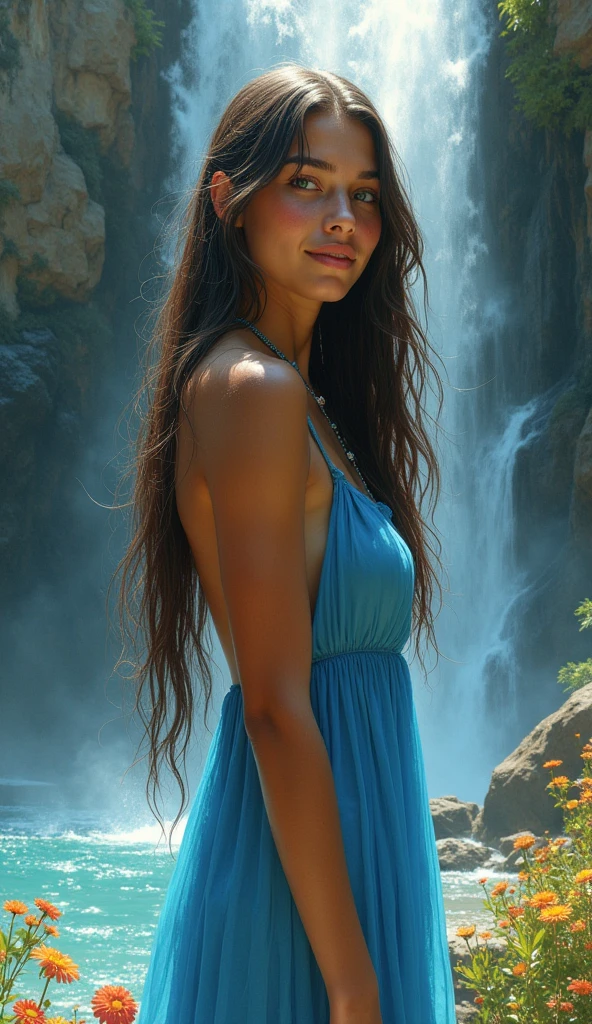 (gorgeous:1.1) (ultra-hot:1.1) american indian woman, age 14, under a waterfall, (long flowing hair:1.1), (intense blue eyes), (perfect skin:1.1), (slender figure:1.1), (dressed in a blue flowing dress), (magnificent location:1.2) with lush greenery and vibrant flowers, (crystal clear water:1.1) cascading down from a rocky cliff, (sunlight illuminating the scene:1.1), creating a (dreamlike atmosphere:1.1), (refreshing breeze:1.1), (incredible sensation:1.2) of the cool mist from the waterfall on her skin. (best quality, highres:1.2), (ultra-detailed), (realistic:1.37) painting of an (exquisite masterpiece:1.2) capturing the (beauty and grace) of the woman as she (stands under the waterfall, (feeling the power:1.1) of nature), her (features delicately portrayed), and her (expression radiates tranquility) and (pure joy:1.1). The (artistic style:1.1) of the painting is (realism:1.1), showcasing the (subtle play of light and shadow:1.1) on the woman's face, (emphasizing the natural beauty:1.1) of her surroundings, and (highlighting the vibrant colors:1.1) of the flowers and the waterfall. The (soft, pastel color palette:1.1) (enhances the ethereal ambiance:1.1), adding a (subtle touch of romance:1.1) to the scene. (Warm golden sunlight:1.1) bathes the entire painting, (creating a sense of warmth:1.1) and (serenity:1.1). The (contrast between light and dark:1.1) adds depth and (dimension to the artwork:1.1), (bringing it to life). The (impeccable attention to detail:1.1) in the painting (captures every strand of hair:1.1), the (individual droplets of water:1.1) falling from the waterfall, and the (delicate texture of the petals:1.1) on the flowers, (showcasing the artist's mastery of their craft). By gazing at this (masterpiece:1.1), one can't help but feel (tranquility) and (awe:1.1) at the (beauty of nature:1.1) and the (expressive power:1.1) of art.