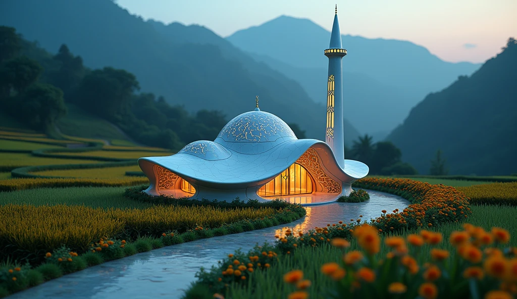 Cinematic Scene - close up : A Tiny Mosque in a Natural Colorful Futuristic Style With Road Access to the Mosque Overgrown with Flowers in the Middle of Rice Fields at Night