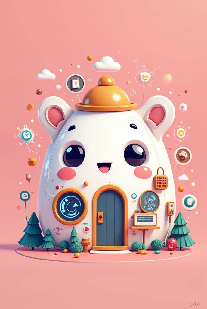 Create a kawaii image of a smart home with illustrations and a pink background 