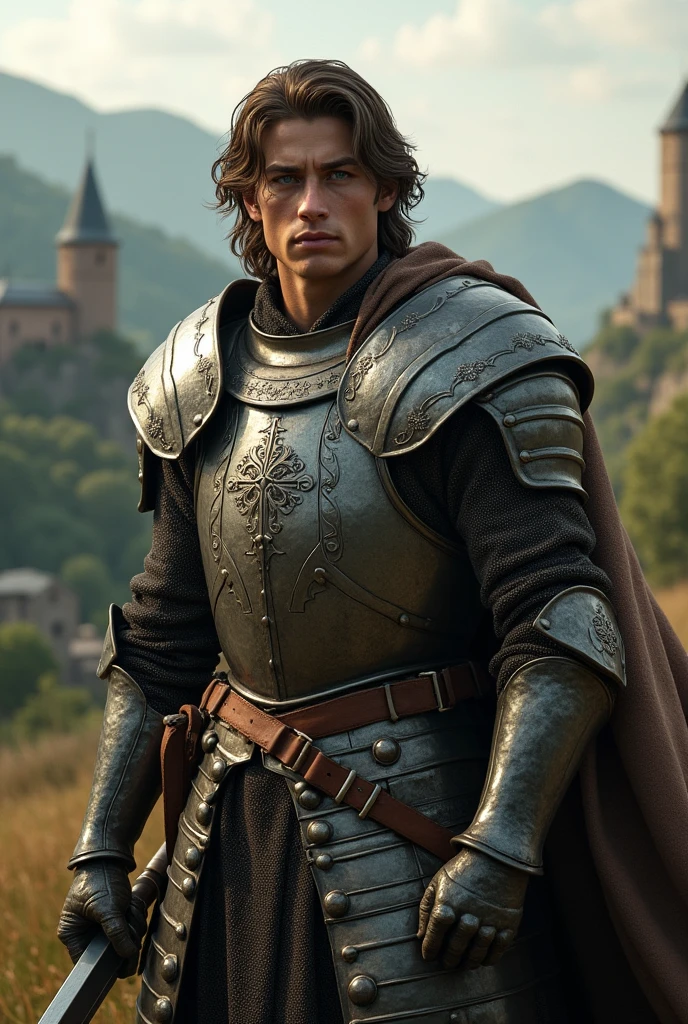 young warrior, handsome, muscular, with wavy hair, from the middle ages, with armor 