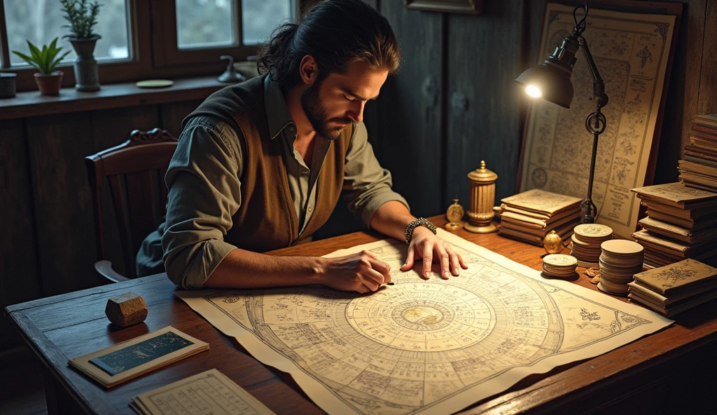 A detailed image of an astrologer’s workspace with various charts and a calendar, planning the timing of a significant event under the Moon’s phases. The atmosphere is strategic and organized. --ar 16:9