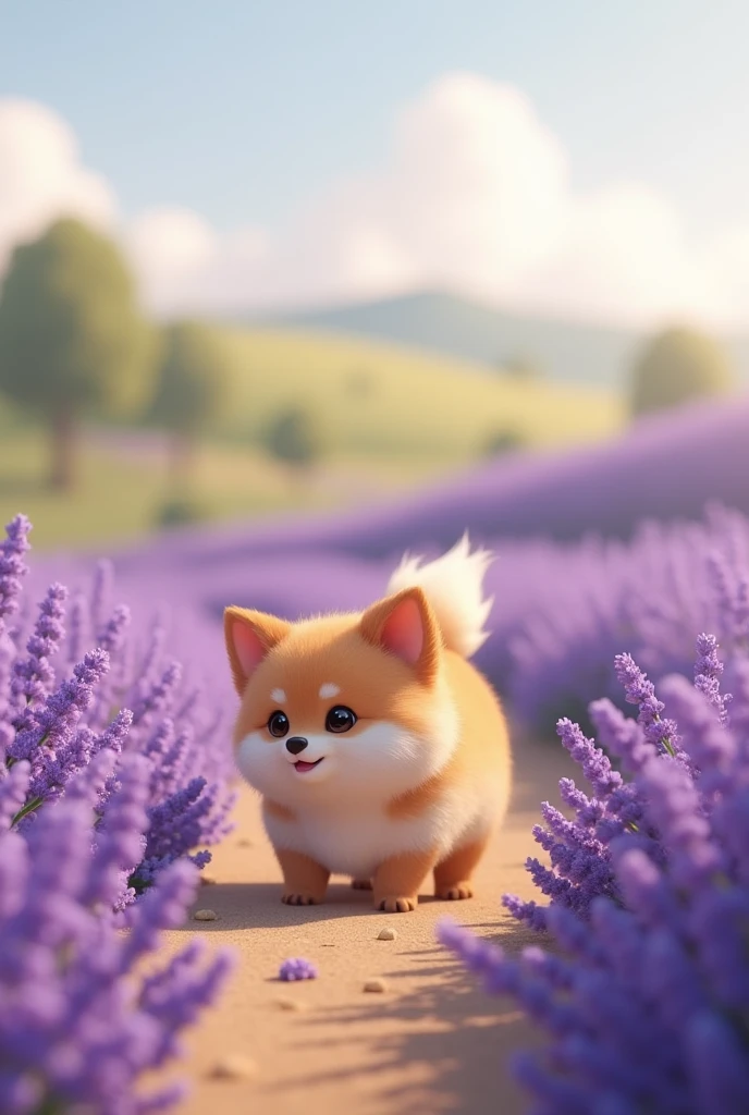 A cute, round, chubby dog walking around。Lavender Fields。