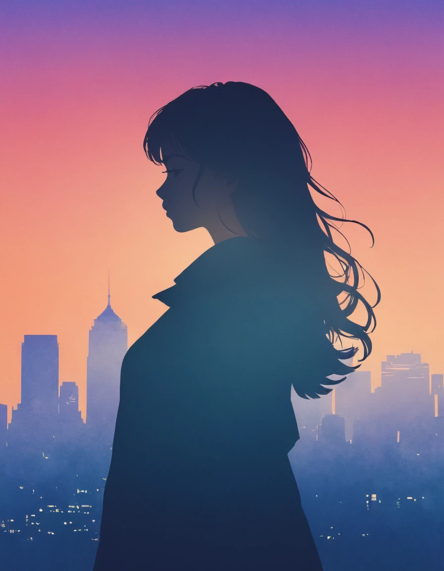 Young woman silhouette, City、大City、close, Double Exposure, The background is a gradation、