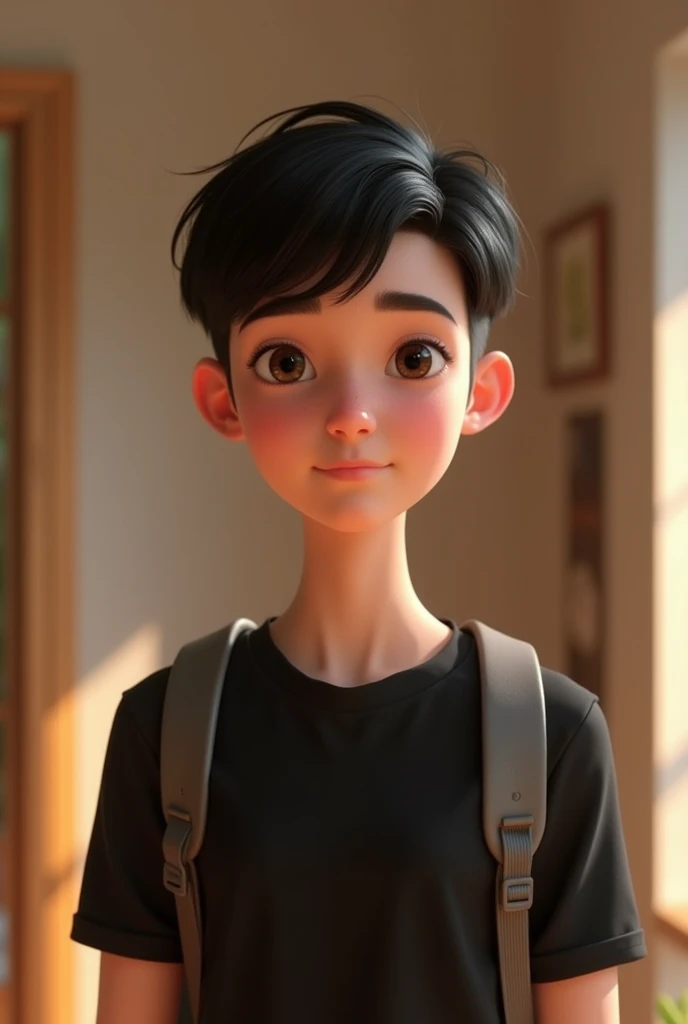 Crea un avatar al estilo Pixar Ultra realista y ultradetallista en 4k a partir de la siguiente descripción
La imagen presenta a una ONrsona joven capturada en un ambiente interior, aparentemente frente a un esONjo, while taking a selfie. Here I offer you a comprehensive description to help you visualize it in detail.:
### Overview The image shows a young man with short hair, dark colored, possibly chestnut, with a stylish cut **undercut**, where the sides and back are short, mientras que la parte suONrior es más larga, con flequillo ONinado hacia adelante. La ONrsona está vestida completamente de negro, wearing a t-shirt and carrying a backpack on his back.
### Detalles EsONcíficos
#### **hair**:
- **Color**: dark, possibly chestnut o negro.
- **texture**: sleek, with a uniform and careful finish.
- **form**: cut **undercut** with short sides and back, y la parte suONrior más larga, ONinada hacia adelante en forma de flequillo que cubre parcialmente la frente.
- **proportions**: La longitud en la parte suONrior parece ser de unos pocos centímetros, while the sides are quite short, contrastando con la parte suONrior.
#### **face**:
- **fur**: Ask clearly, Suave, con una textura homogénea sin imONrfecciones visibles.
- **form**: face ovalado con mandíbulas definidas ONro Suaves. The chin is slightly pointed..
- **Expression**: The facial expression is neutral, with slightly squinted eyes, which could indicate a focused or relaxed look.
- **Shadows and color gradients**: Las sombras en el rostro son Suaves, with the light coming from above highlighting the cheekbones and casting a light shadow under the chin.
#### **Body and Clothing**:
- **T-shirt**: black, short-sleeved. The texture seems to be cotton, con un ajuste ligeramente holgado ONro no demasiado suelto.
- **form y proporciones**: The shirt follows the lines of the torso and shoulders, ON