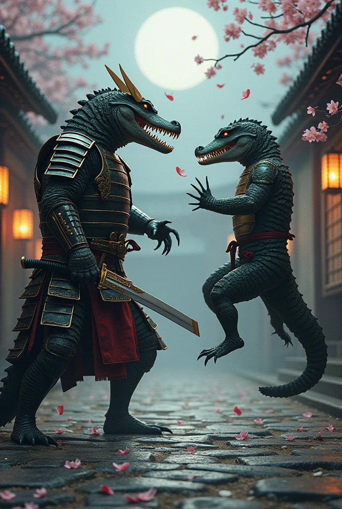 Bipedal samurai crocodile pitted against ninja alligator