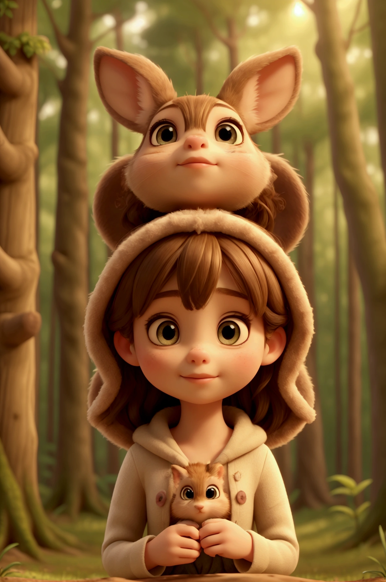 a young girl in a forest, playing with forest animals, beautiful detailed eyes, beautiful detailed lips, extremely detailed eyes and face, long eyelashes, beautiful girl, cute girl, adorable girl, playing with cute forest animals, deer, rabbit, squirrel, birds, detailed flora and fauna, highly detailed, photorealistic, 8k, highest quality, intricate details, vibrant colors, warm lighting, soft focus, magical realism