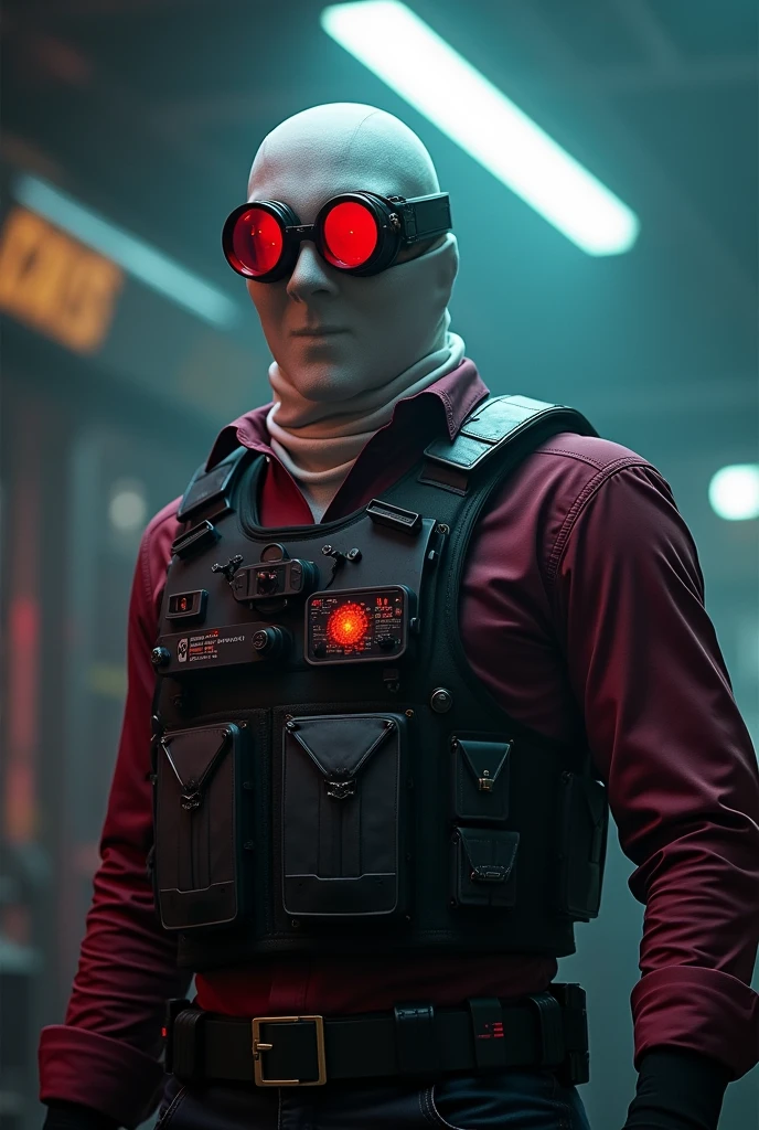Deadshot (Hitman guy) from suicide squad;
Dark colorful ambience,Burgundy shirt, bulletproof vest,White balaclava,Red scouter super monocle