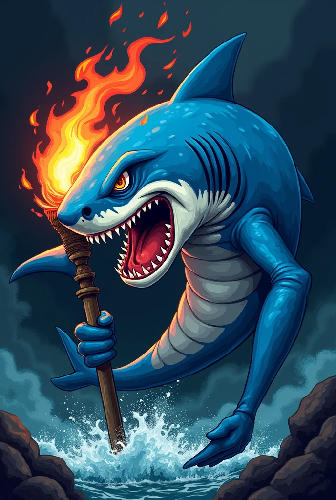 wild blue shark holding a torch in graphic style