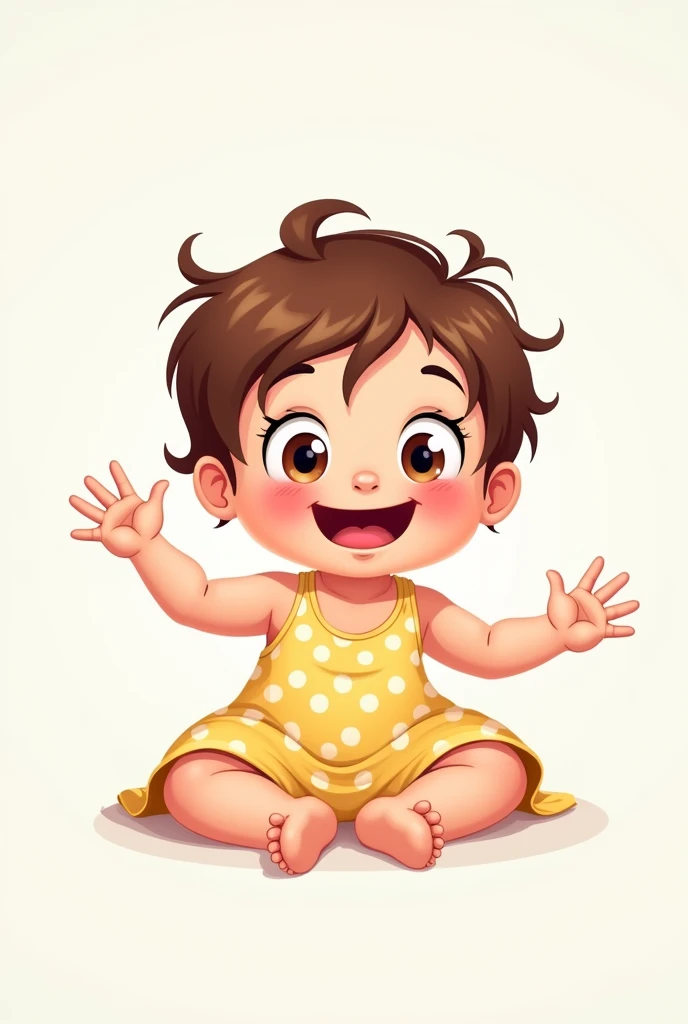 Create baby with dress sitting with legs forward barefoot arms forward short hair with naughty bangs brown eyes smiling vector 