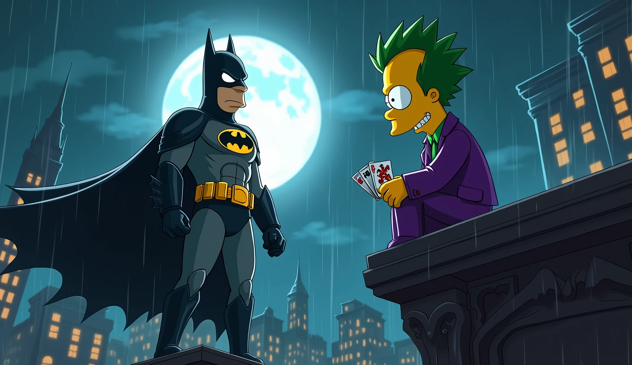 Create a dark, intense movie poster featuring Homer Simpson as Batman and Bart Simpson as the Joker, set in a gritty, noir-style Gotham City. Homer, dressed in a menacing, armored Batman suit, stands on the edge of a tall, shadowy building's rooftop, his cape billowing in the wind. His expression is serious and determined, highlighted by the white glow of the full moon in the background. The atmosphere is heavy with smoke and a light drizzle of rain, adding to the moody, tense vibe of the scene. On the opposite side of the rooftop, Bart, as the Joker, leans casually against a gargoyle, his face painted with the Joker's signature sinister smile. He's dressed in a purple suit, with wild green hair, holding a deck of cards in one hand, and a mischievous, unsettling grin on his face. The poster is drenched in deep blues, blacks, and purples, with flashes of lightning illuminating the dark sky, capturing the ominous and thrilling essence of the Batman universe, reimagined with the iconic Simpson characters.