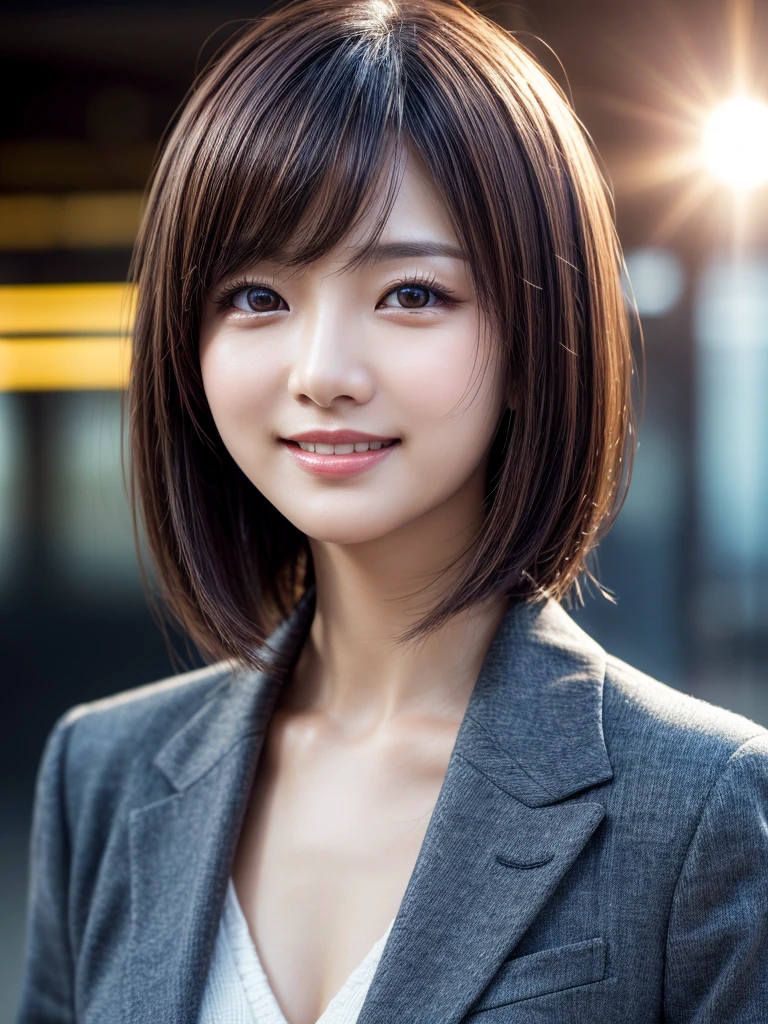 Tabletop, Highest quality, Realistic, Very detailed, finely, High resolution, 8k wallpaper, Cinema Lighting、1 person、Beautiful Japanese Women、30 years old、light brown straight bob hair, Wear a business suit, (Blurred Background、Station platform、noon、Light of the sun)、Sharp focus, Perfect dynamic composition, Narrow eyes:1.5, finelyて美しい目, Thin Hair, Detailed and Realistic skin texture, (Smile:1.3), (Tilt your head), Close-up portrait, Model body type