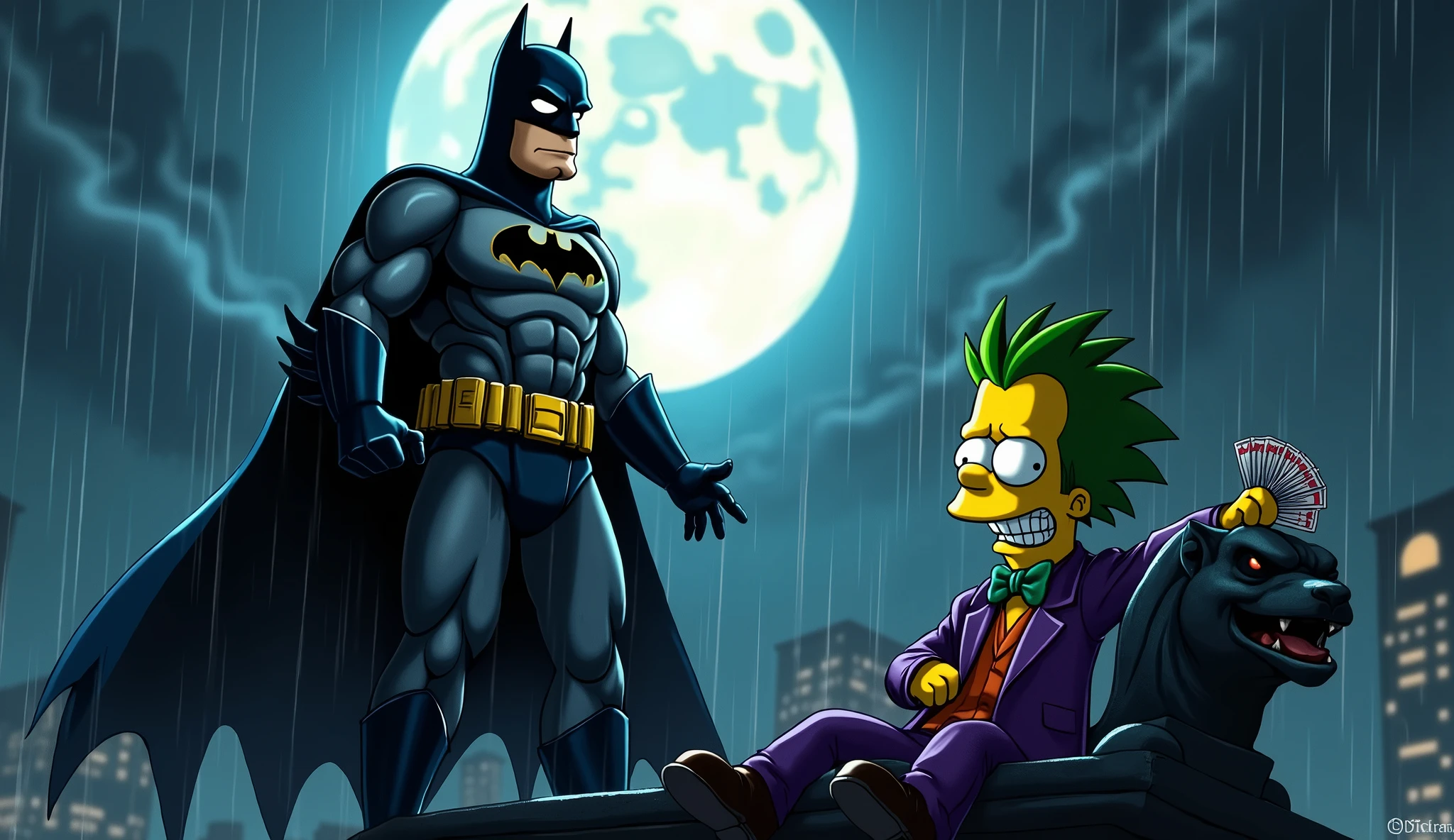 Create a dark, intense movie poster featuring Homer Simpson as Batman and Bart Simpson as the Joker, set in a gritty, noir-style Gotham City. Homer, dressed in a menacing, armored Batman suit, stands on the edge of a tall, shadowy building's rooftop, his cape billowing in the wind. His expression is serious and determined, highlighted by the white glow of the full moon in the background. The atmosphere is heavy with smoke and a light drizzle of rain, adding to the moody, tense vibe of the scene. On the opposite side of the rooftop, Bart, as the Joker, leans casually against a gargoyle, his face painted with the Joker's signature sinister smile. He's dressed in a purple suit, with wild green hair, holding a deck of cards in one hand, and a mischievous, unsettling grin on his face. The poster is drenched in deep blues, blacks, and purples, with flashes of lightning illuminating the dark sky, capturing the ominous and thrilling essence of the Batman universe, reimagined with the iconic Simpson characters.