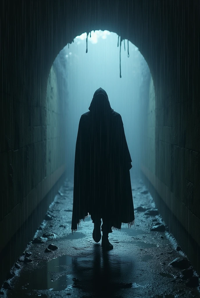 make an image of a man in a black hood walking in a dark tunnel in heavy rain