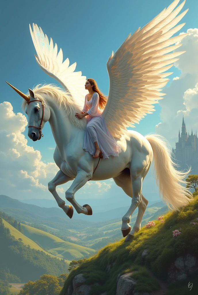 Make a Beautiful Unicorn Showing Its Beautiful Wings with a Person Riding on Top