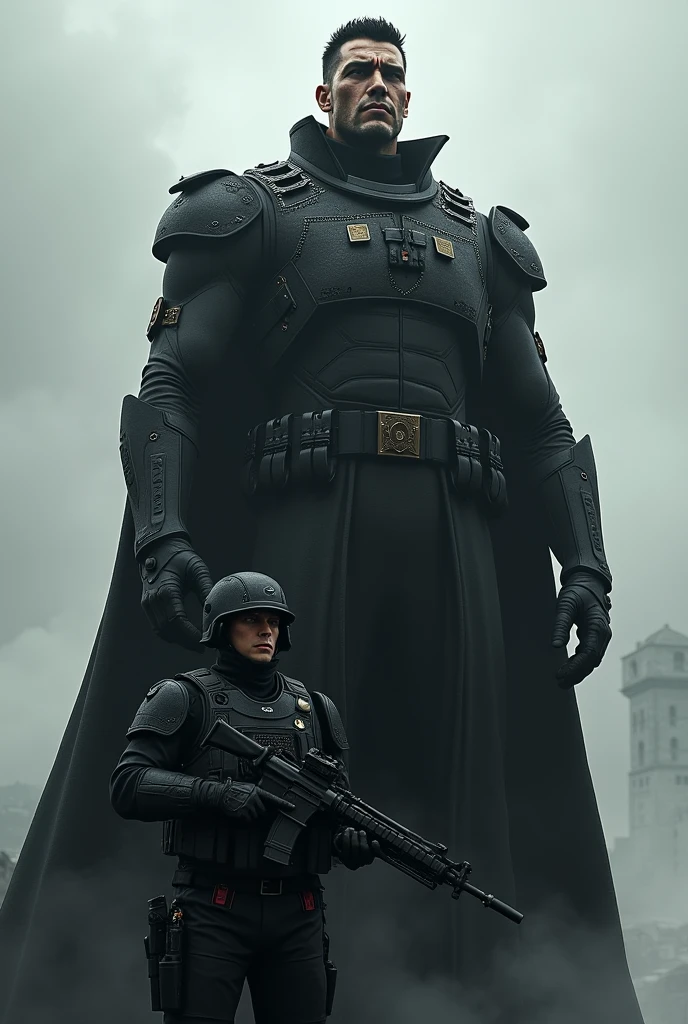 Tall Man, with short black hair red eyes wearing scary military gear din helmet 2'45 meters tall human next to a soldier in black military gear next to him imposing being