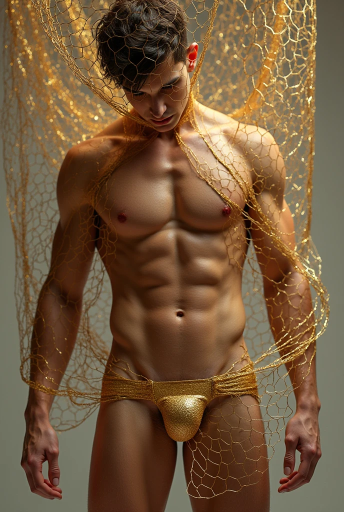 Naked guy with a dick in a gold fish net, exposed penis