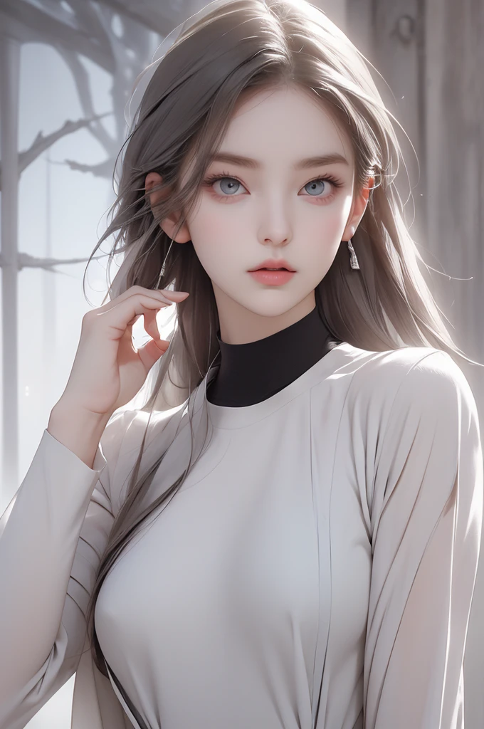 (Face Shape: Round face),(Eyes: Icy gaze that exudes modern sophistication, accented by dark and deep eyeshadow and muted eye color),(Nose: Mature and aloof, enhancing the overall sense of modernity),(Mouth: Neutral lips that hint at emotional detachment),(Skin: pure skin),(Figure:wide hip, thigh gap, small breast, slender), (Overall Impression: korea young woman)