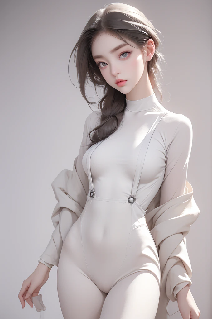 (Face Shape: Round face),(Eyes: Icy gaze that exudes modern sophistication, accented by dark and deep eyeshadow and muted eye color),(Nose: Mature and aloof, enhancing the overall sense of modernity),(Mouth: Neutral lips that hint at emotional detachment),(Skin: pure skin),(Figure:wide hip, thigh gap, small breast, slender), (Overall Impression: korea young woman)