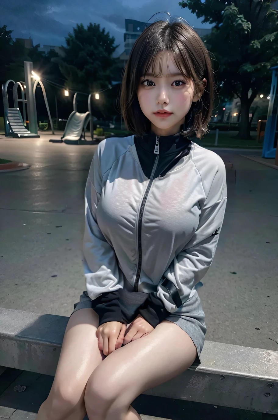 Big Breasts、He is wearing a long-sleeved black jersey with a zipper at the front.、Short Hair