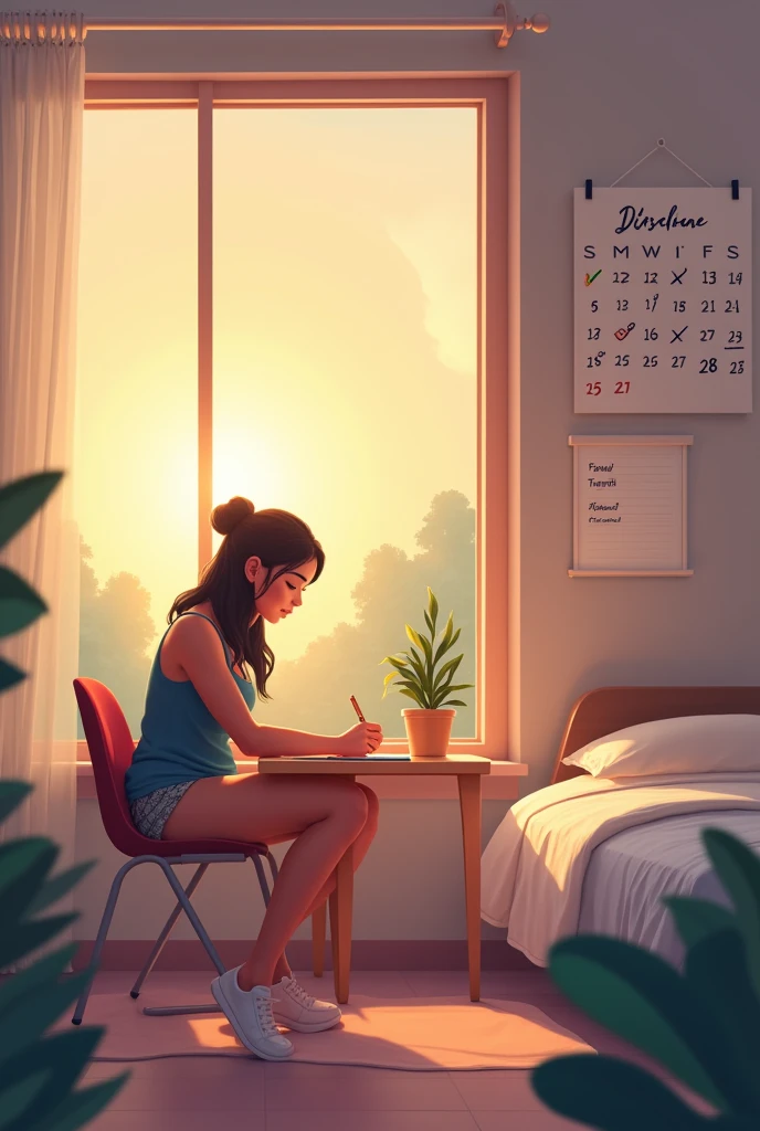 A serene morning scene that embodies the concept of daily discipline. A person is engaged in a focused routine, such as journaling or working out at dawn, with a clear, organized space around them. A calendar on the wall shows checkmarks on each day, symbolizing consistency and commitment. The atmosphere is peaceful yet resolute, with elements like a neatly made bed, a balanced breakfast on the table, and a to-do list ready to be tackled. The rising sun outside the window symbolizes a new day and the ongoing journey of self-improvement through disciplined habits.