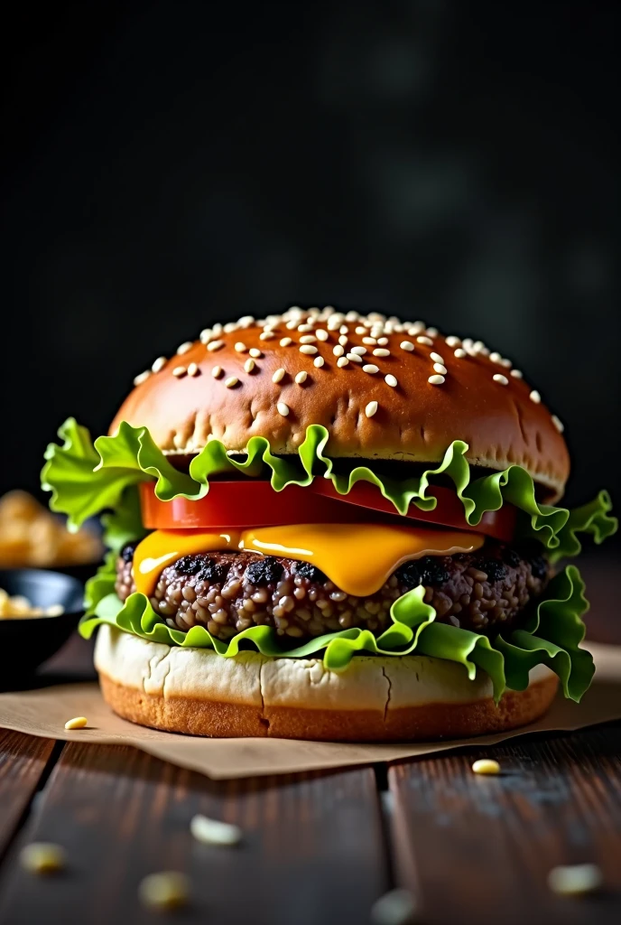 a burger with a sesame seed bun, just a burger and a slice of cheddar cheese, lettuce and tomato, the image needs to have a black background and the photo needs to be a bit amateurish, like a restaurant itself