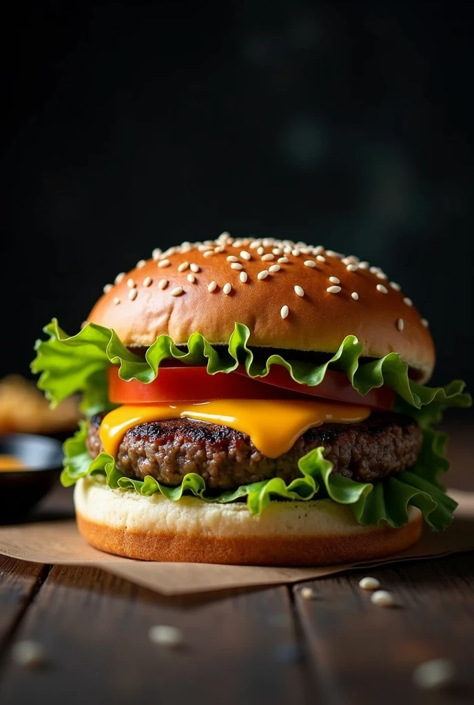 a burger with a sesame seed bun, just a burger and a slice of cheddar cheese, lettuce and tomato, the image needs to have a black background and the photo needs to be a bit amateurish, like a restaurant itself