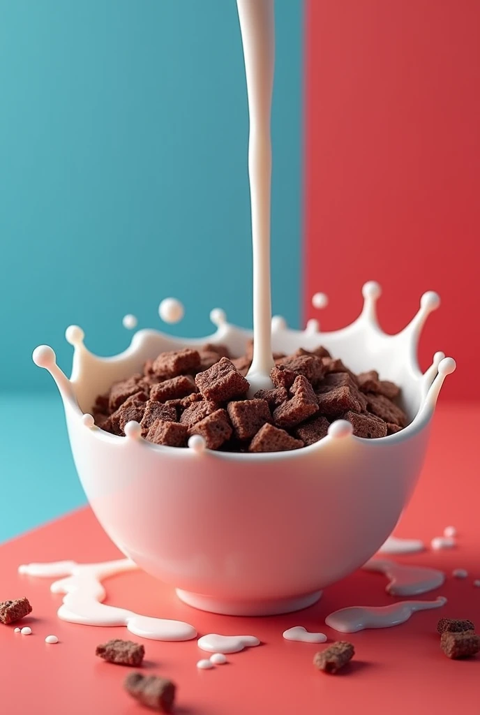 It shows a cereal with crunchy chocolate flakes and milk falling into a bowl on a red and blue background:0.8