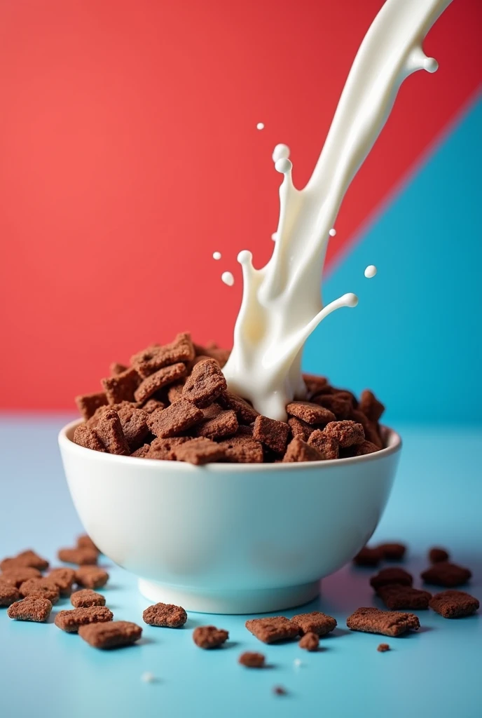 It shows a cereal with crunchy chocolate flakes and milk falling into a bowl on a red and blue background:0.8
