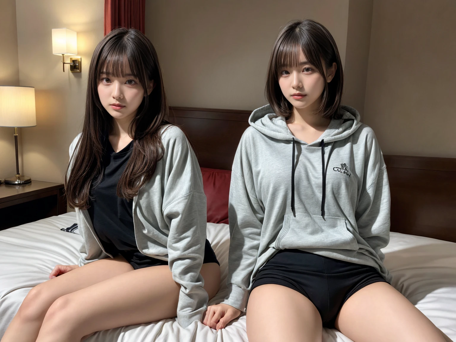 masterpiece, best quality, illustration, Super detailed, fine details, High resolution, 8K,wall paper, perfect dynamic composition,(Details High quality, realistic depiction of eyes:1.3), (2 girls), Oversized Light Grey Hoodie, Erotic Shorts, sitting, open legs, short bob hair, in a hotel room in the background, deep on field, large breasts, black hair color, Big Natural Color Lip, (perfect body shape), crying a little、Harajuku style、20 year old girl、cute type、beautiful legs, Gravure Idol