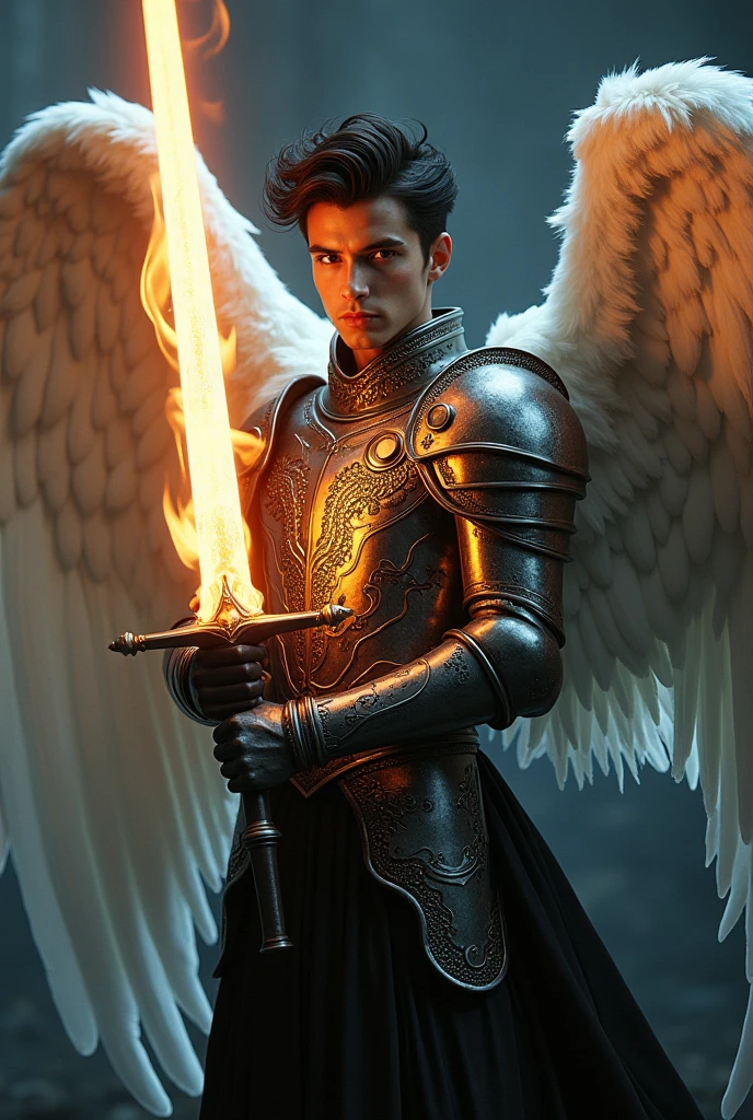 masterpiece, best quality, realistic, ultra detailed, sexy, homoerotic, movie poster style, dungeons and dragons, character design, baby-faced borneo man, stylish dark hair, white angel wings, celestial chainmail and heavy armor, dramatic hero pose with flaming sword, ambient lighting, dramatic shadows