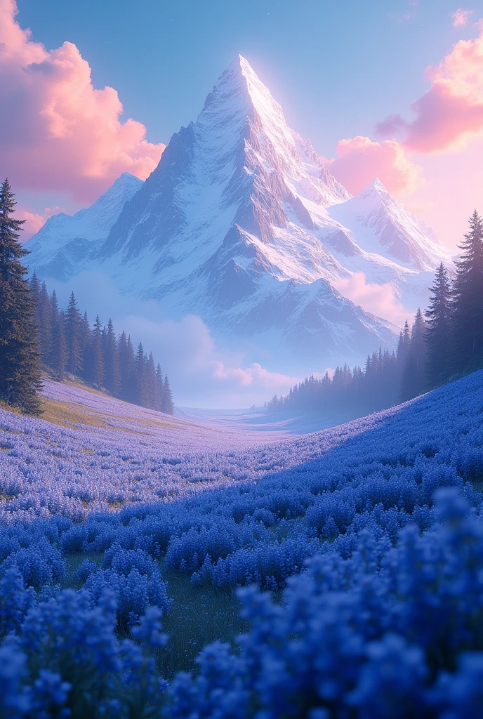 Landscape of a magical place, fields of low, dense vegetation covered with small wildflowers only in the color blue, that extend to the horizon. In the distance the relief lights up to enormous snowy peaks. League of legends illustration style, pink and orange color palette. Low camera, filming up 
