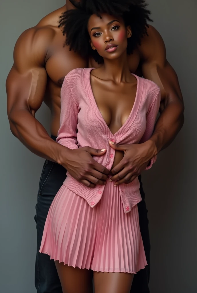 MAKE A BEAUTIFUL, of a (close up portait of a beautiful curby dark skin 23 year old woman), (shown from the waist down to her knees), wearing a pink pleated skirt and a pink cute cardigan. She is being held possessivly by the waist by a very muscular 6ft 5 tall muscular and handsome Italian man who is 35 year old, (only his hands are shown)with black neckline, the look is intenste, her look is innocent and the lips are parted, make a picture in aesthetic style (1.4), she is a young woman with curlt hair in to buns (1.4), clear blue eyes (1.3) ) and dark skin, she is a very beautiful young woman, impressive-looking., lots of blush especially on the cheeks and knees