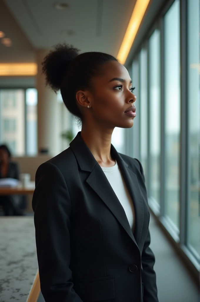 A young black woman in a work environment, Looking determinedly to the horizon.