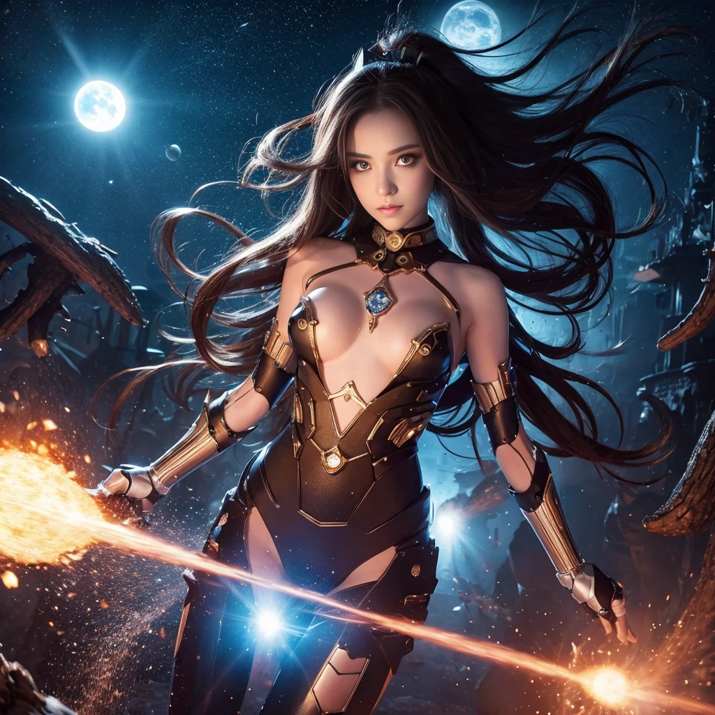 Monster girl, mechanical limbs, space, diamond dust, magic