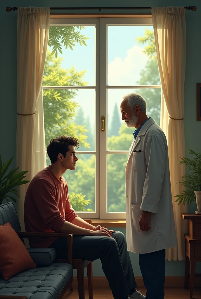 Jhon, a tall 27-year-old man with brown hair and dark eyes, sits staring at nature through the window.
MARCELO who is a doctor of about 60 years old with dark hair and white skin
. -Hello John, How are you? ? * John does not respond * Let's go to the office so we can talk better..