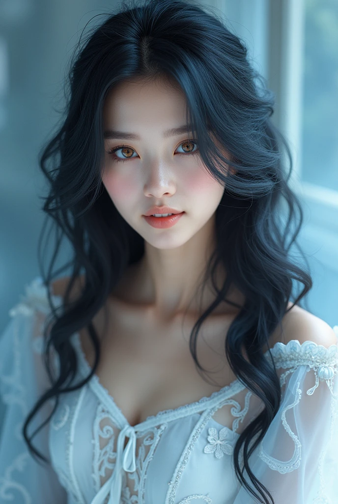 A stunningly tall and well-formed girl with radiant honey-colored eyes, long wavy black hair adorned with delicate light blue highlights, and a complexion as pure as snow. Her beauty is captured in a breathtaking portrait, with every detail meticulously crafted to perfection. The high-quality image showcases her ethereal presence, drawing viewers in with its mesmerizing charm and undeniable allure.
