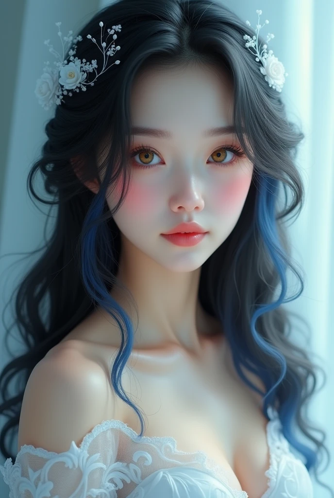 A stunningly tall and well-formed girl with radiant honey-colored eyes, long wavy black hair adorned with delicate light blue highlights, and a complexion as pure as snow. Her beauty is captured in a breathtaking portrait, with every detail meticulously crafted to perfection. The high-quality image showcases her ethereal presence, drawing viewers in with its mesmerizing charm and undeniable allure.