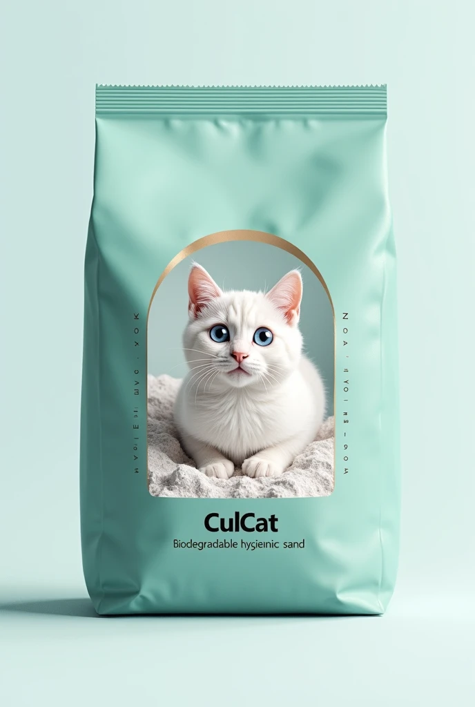 like this vector- improves cat's position- create a 4kg plastic bag for cat litter. It has to have turquoise colors, white and gold, a realistic photo of a white cat with blue eyes sitting in a box with white sand with a charming look. It must have the name Culcat on the side of the package and must have the phrase, " Biodegradable Hygenic Sand"