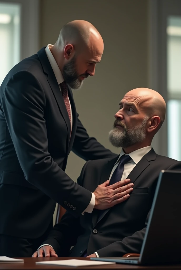 Create an image of a lawyer with his hand on a businessman's chest. The lawyer is brown, is wearing a suit, completely shaved head and medium beard well done and is standing. The businessman is bald and has a very short beard and is sitting in a chair.. Both 40 years old.