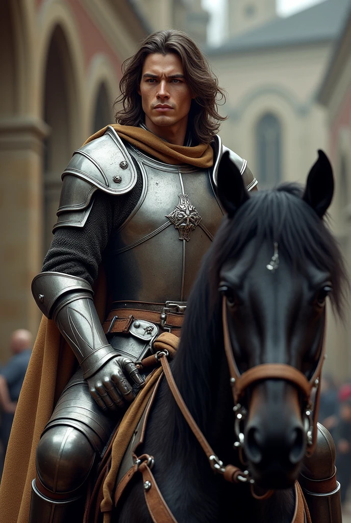 young warrior, handsome, muscular, with wavy hair, from the middle ages, in armor on a black horse