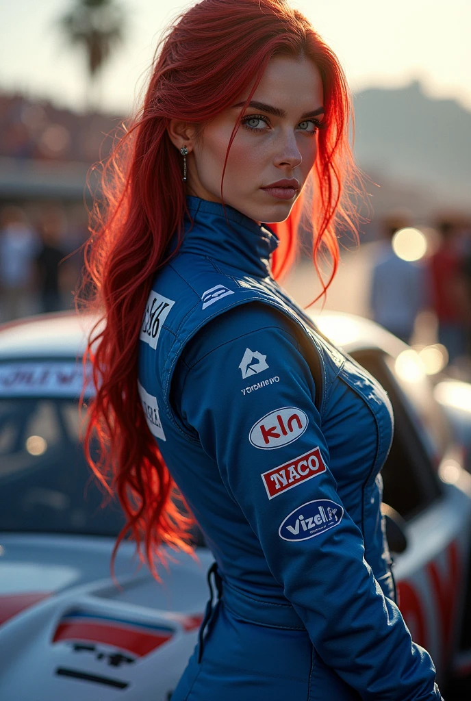 A digital photography  artwork by AI artist “TMann” captures the intense and enigmatic essence of a 25-year-old raven-haired female legend. The woman radiates confidence and warrior energy, dressed in a custom racing driver's suit and with a determined and focused expression. full lips blue eyes, Her fit, athletic physique and cute ass is a testament to her rigorous training. Leaning on her car, she has her back to the camera.  Dressed in a  blue checkered suit with white logos and sponsor ads, she shows the best of a high-level driver. The soft silhouette of an audience in the background creates an atmosphere of intensity and inspiration. Her long, red hair ows gracefully down her back, and the sunlight enhances the depth and texture of the artwork. The powerful poses and expressions exude strength and control.