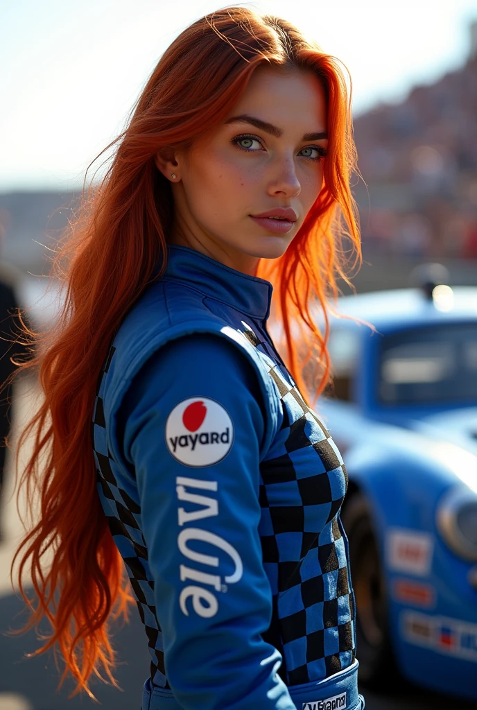 A digital photography artwork by AI artist “TMann” captures the intense and enigmatic essence of a 25-year-old raven-haired female legend. The woman radiates confidence and warrior energy, dressed in a custom racing driver's suit and with a determined and focused expression. full lips blue eyes, Her fit, athletic physique and cute ass is a testament to her rigorous training. Leaning on her car, she has her back to the camera. Dressed in a blue checkered suit with white logos and sponsor ads, she shows the best of a high-level driver. The soft silhouette of an audience in the background creates an atmosphere of intensity and inspiration. Her long, red hair ows gracefully down her back, and the sunlight enhances the depth and texture of the artwork. The powerful poses and expressions exude strength and control.